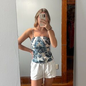 Zara Blue Paisley Ruched Spaghetti Strap Tank Top
